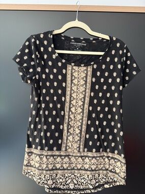 Lucky Brand Black Short Sleeve Top with Cream Print Panel